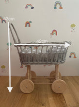 Load image into Gallery viewer, Light Grey Simple Wicker Pram, Dolls Pram, Wicker doll pram UK, Baby Doll Pram, Pram Toy, Wooden Pram, Baby Pram,Wicker Dolls Pram