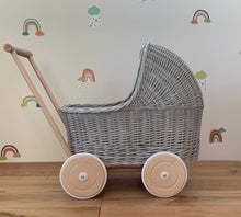 Load image into Gallery viewer, Wicker Pram, Dolls Pram, Dolls Stroller, Wooden Toy, Baby Pram, Wicker Dolls Pram, 1st Birthday Gift, Light Grey