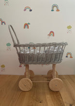 Load image into Gallery viewer, Light Grey Simple Wicker Pram, Dolls Pram, Wicker doll pram UK, Baby Doll Pram, Pram Toy, Wooden Pram, Baby Pram,Wicker Dolls Pram
