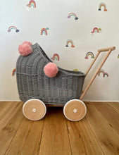 Load image into Gallery viewer, Wicker pram with pompoms & bedding included, doll pram, doll pram UK, baby doll pram, pram toy, wooden pram, wicker dolls pram, Grey