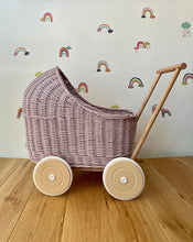 Load image into Gallery viewer, Personalised Pale Pink Wicker Doll’s Pram, wicker stroller, baby dolls pram, baby pram, dolls pram, wooden toy, wicker pram