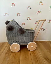 Load image into Gallery viewer, Wicker pram with pompoms & bedding included, doll pram, doll pram UK, baby doll pram, pram toy, wooden pram, wicker dolls pram, Grey
