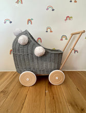 Load image into Gallery viewer, Wicker pram with pompoms & bedding included, doll pram, doll pram UK, baby doll pram, pram toy, wooden pram, wicker dolls pram, Grey