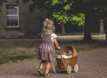 Load image into Gallery viewer, Personalised wicker dolls pram, doll pram, wicker dolls pram with bedding included, wooden pram, baby pram, wicker dolls pram, NATURAL