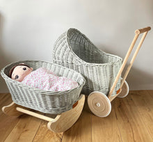 Load image into Gallery viewer, Set of wicker doll stroller and wicker crib in light grey, dolls pram set, doll pram and cot, name tag and bedding included