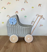 Load image into Gallery viewer, LUXURY light grey wicker pram with blue bow and matching bedding included, wicker doll pram UK, pram toy, wooden pram, 1st birthday