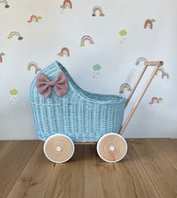Load image into Gallery viewer, LUXURY blue wicker pram purple bow and matching bedding included, wicker doll pram UK, pram toy, wooden pram, 1st birthday