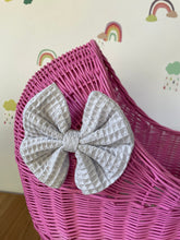 Load image into Gallery viewer, LUXURY dark pink wicker pram with light grey bow and matching bedding included, wicker doll pram UK, pram toy, wooden pram, 1st birthday