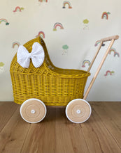 Load image into Gallery viewer, LUXURY mustard wicker pram with white bow and matching bedding included, wicker doll pram UK, pram toy, wooden pram, 1st birthday