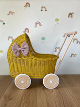 Load image into Gallery viewer, LUXURY mustard wicker pram with purple bow and matching bedding included, wicker doll pram UK, pram toy, wooden pram, 1st birthday