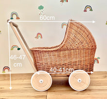 Load image into Gallery viewer, LUXURY mustard wicker pram with purple bow and matching bedding included, wicker doll pram UK, pram toy, wooden pram, 1st birthday