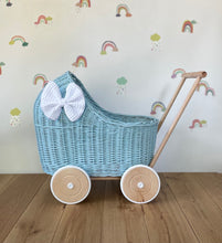Load image into Gallery viewer, LUXURY blue wicker pram with white bow and matching bedding included, wicker doll pram UK, pram toy, wooden pram, 1st birthday
