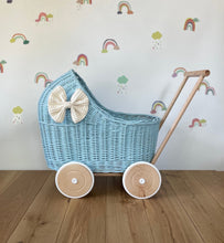 Load image into Gallery viewer, LUXURY blue wicker pram with cream bow and matching bedding included, wicker doll pram UK, pram toy, wooden pram, 1st birthday