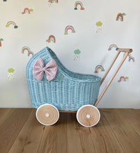 Load image into Gallery viewer, LUXURY blue wicker pram with light pink bow and matching bedding included, wicker doll pram UK, pram toy, wooden pram, 1st birthday
