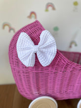 Load image into Gallery viewer, LUXURY dark pink wicker pram with white bow and matching bedding included, wicker doll pram UK, pram toy, wooden pram, 1st birthday