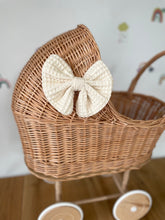 Load image into Gallery viewer, LUXURY wicker pram with bow and bedding included, wicker pram, dolls pram, pram toy, wooden pram, wicker dolls pram, tall natural stroller