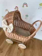 Load image into Gallery viewer, LUXURY wicker pram with bow and bedding included, wicker pram, dolls pram, pram toy, wooden pram, wicker dolls pram, tall natural stroller