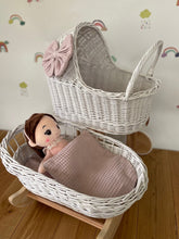 Load image into Gallery viewer, Luxury set of tall wicker doll pram with bow and crib, matching bedding and name tag included, White