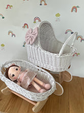 Load image into Gallery viewer, Luxury set of tall wicker doll pram with bow and crib, matching bedding and name tag included, White