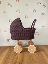 Load image into Gallery viewer, Tall Wicker Pram, Dolls pram, Wicker doll pram UK, Baby doll pram, Pram toy, Wooden Pram, Baby pram, Wicker dolls pram, Dark purple
