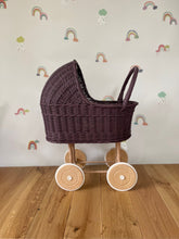 Load image into Gallery viewer, Tall Wicker Pram, Dolls pram, Wicker doll pram UK, Baby doll pram, Pram toy, Wooden Pram, Baby pram, Wicker dolls pram, Dark purple