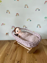 Load image into Gallery viewer, Luxury pale pink doll’s cradle, wicker crib with bedding included, dolls wicker rocker, dolls cradle, mosses basket, bedding included