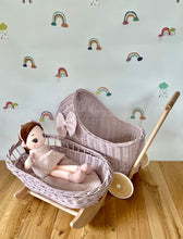 Load image into Gallery viewer, Luxury pale pink doll’s cradle, wicker crib with bedding included, dolls wicker rocker, dolls cradle, mosses basket, bedding included