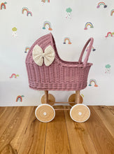Load image into Gallery viewer, LUXURY tall wicker pram with bow and bedding included, dolls pram, baby doll pram, wooden pram, wicker dolls pram, light purple