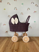 Load image into Gallery viewer, LUXURY tall wicker pram with bow and bedding included, dolls pram, baby doll pram, wooden pram, wicker dolls pram, dark purple