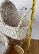 Load image into Gallery viewer, Luxury set of tall wicker doll pram with bow and crib, matching bedding and name tag included, Cream