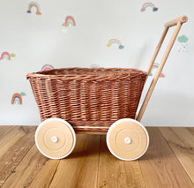 Load image into Gallery viewer, Wicker wagon with wooden handle, wicker wagon, wagon toy