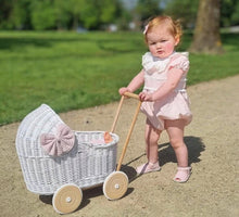 Load image into Gallery viewer, LUXURY wicker pram with bow and bedding included, doll pram, wicker pram, baby doll pram, wooden pram, WHITE