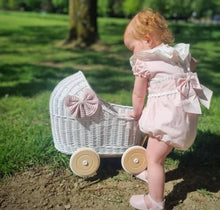 Load image into Gallery viewer, LUXURY wicker pram with bow and bedding included, doll pram, wicker pram, baby doll pram, wooden pram, WHITE