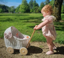 Load image into Gallery viewer, LUXURY wicker pram with bow and bedding included, doll pram, wicker pram, baby doll pram, wooden pram, WHITE