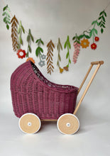 Load image into Gallery viewer, Personalised Purple Wicker Doll’s Pram, wicker stroller, baby dolls pram, baby pram, dolls pram, wooden toy, wicker pram
