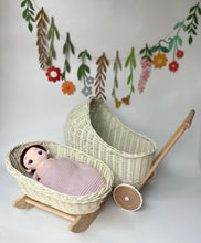 Load image into Gallery viewer, Luxury set of cream wicker doll stroller and wicker crib, pram with bow, bedding, bow and name tag included