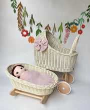 Load image into Gallery viewer, Luxury set of tall wicker doll pram with bow and crib, matching bedding and name tag included, Cream