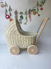 Load image into Gallery viewer, Wicker stroller, wicker doll’s pram, wicker pram, baby doll pram, pram toy, wooden pram, baby pram, wicker pushchair, CREAM