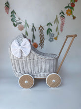 Load image into Gallery viewer, LUXURY wicker pram with bow and bedding included, dolls pram, wicker pram, baby doll pram, pram toy, wooden pram, wicker dolls pram, WHITE