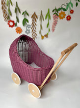 Load image into Gallery viewer, Personalised Purple Wicker Doll’s Pram, wicker stroller, baby dolls pram, baby pram, dolls pram, wooden toy, wicker pram