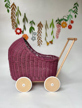Load image into Gallery viewer, Personalised Purple Wicker Doll’s Pram, wicker stroller, baby dolls pram, baby pram, dolls pram, wooden toy, wicker pram
