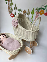 Load image into Gallery viewer, Luxury set of tall wicker doll pram with bow and crib, matching bedding and name tag included, Cream