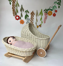 Load image into Gallery viewer, Luxury set of cream wicker doll stroller and wicker crib, pram with bow, bedding, bow and name tag included
