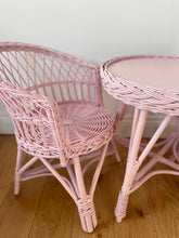 Load image into Gallery viewer, Pink wicker table and 2 chairs set, wicker toddler table set, rattan light pink table set, rattan chairs,