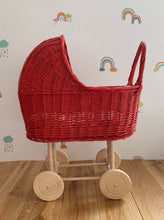 Load image into Gallery viewer, tall WICKER PRAM | doll pram | wicker doll pram UK |baby doll pram | pram toy | wooden pram | baby pram | wicker dolls pram | red