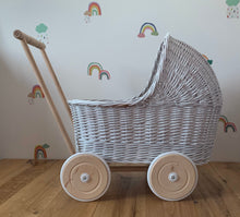 Load image into Gallery viewer, WICKER PRAM | doll pram | wicker doll pram UK |baby doll pram | pram toy | wooden pram | baby pram | wicker dolls pram | white pram