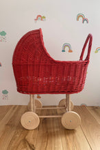 Load image into Gallery viewer, tall WICKER PRAM | doll pram | wicker doll pram UK |baby doll pram | pram toy | wooden pram | baby pram | wicker dolls pram | red