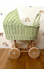 Load image into Gallery viewer, Tall WICKER PRAM | doll pram | wicker doll pram UK |baby doll pram | pram toy | wooden pram | baby pram | wicker dolls pram | light green