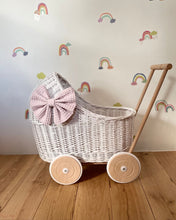 Load image into Gallery viewer, LUXURY wicker pram with bow and bedding included, doll pram, wicker pram, baby doll pram, pram toy, wooden pram, wicker dolls pram, WHITE
