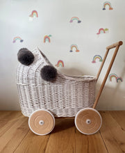 Load image into Gallery viewer, Wicker pram with pompoms & bedding included, doll pram, wicker doll pram UK, baby doll pram, pram toy, wooden pram, wicker dolls pram, WHITE